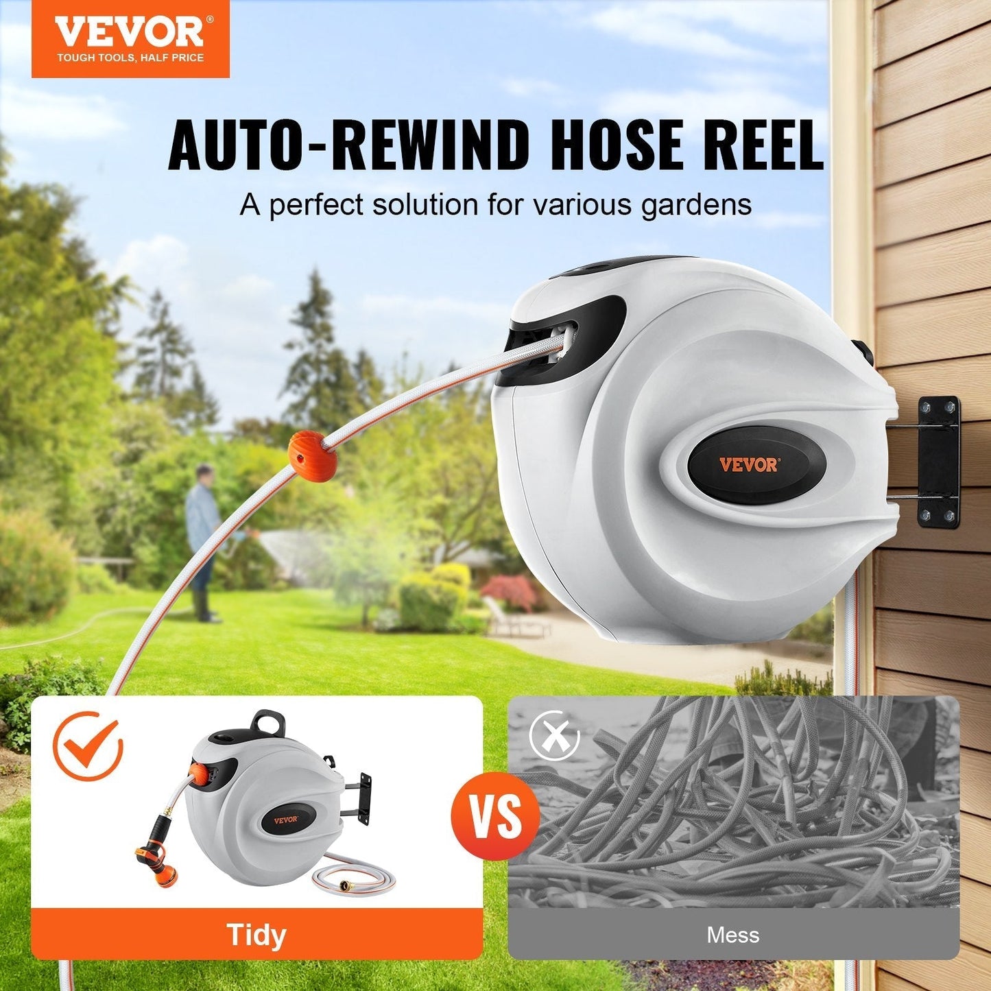 "One-Touch Garden Hose Reel – Effortless Retraction – A great helper for cleaning dust and maintaining flowers and plants